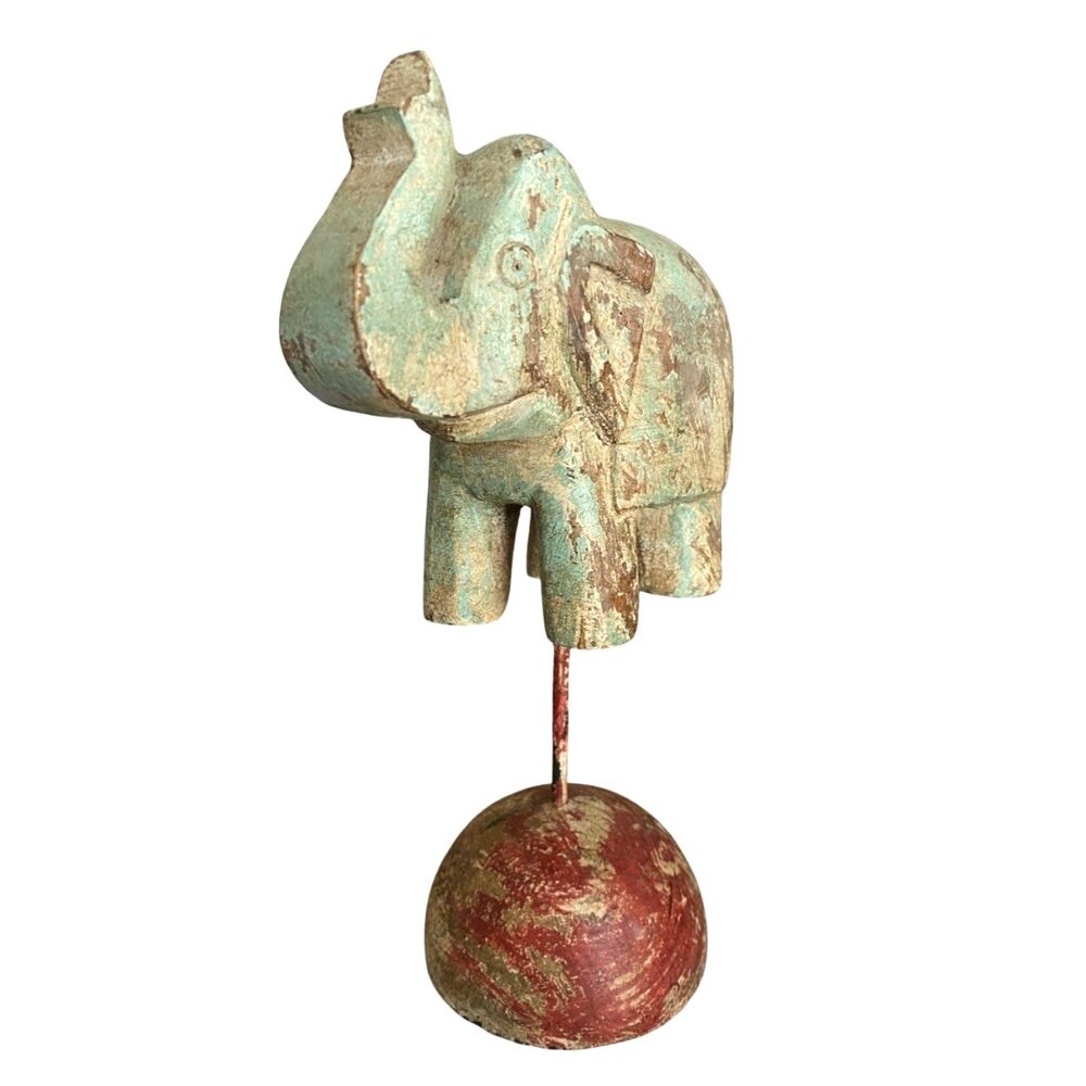 Carved Wooden Elephant Statue Hand Painted Chippy Ethnic Decor